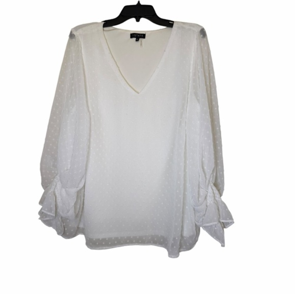 1. State White Dot V-Neck Long Sheer Sleeve Blouse